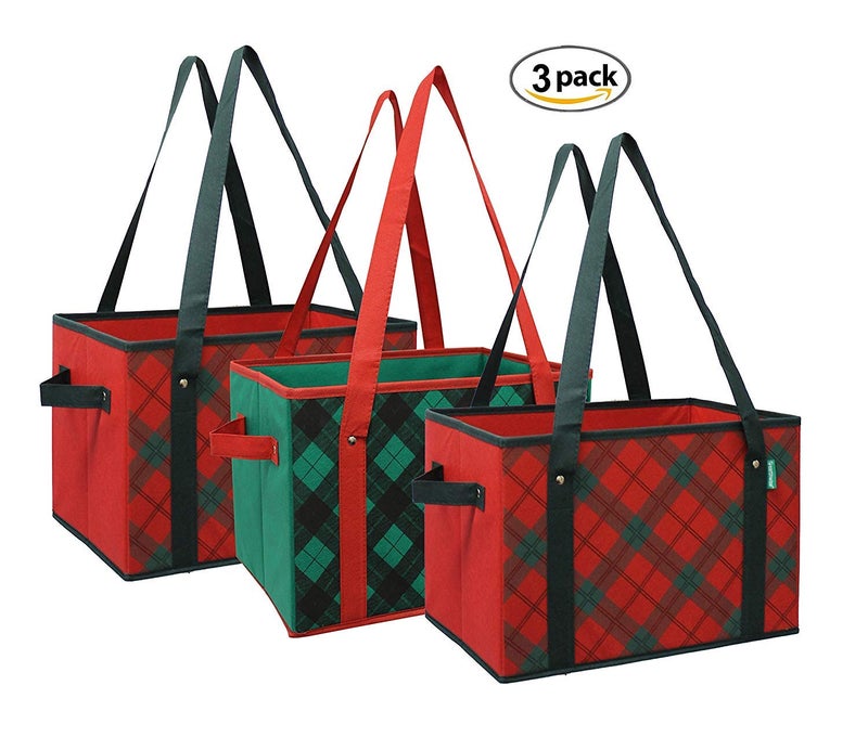 Earthwise Deluxe Collapsible Reusable Shopping Box Grocery Bag Set with Reinforced Bottom Plaid Holiday Xmas Christmas Design Storage Boxes Bins Cubes (Set of 3) (Holiday) - Image 5